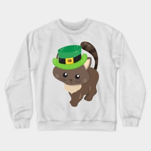 Saint Patrick's Day, Brown Cat, Leprechaun Hat Crewneck Sweatshirt